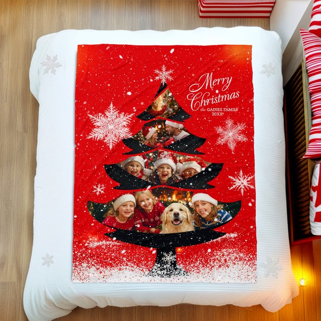 Snöig Glad Jul Familjefoto Träd Fleecefilt (Skapare uppladdad)