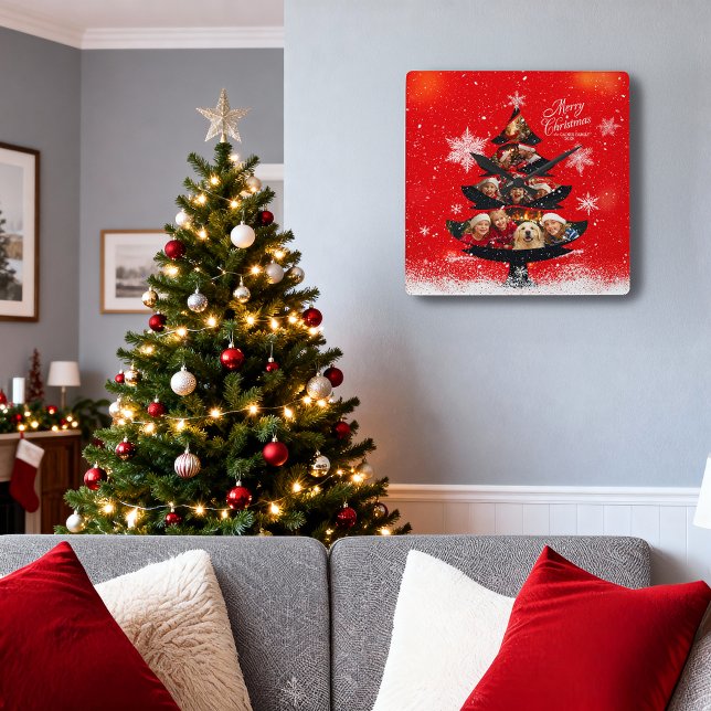 Snöig Glad Jul Familjefoto Träd Fyrkantig Klocka (Skapare uppladdad)