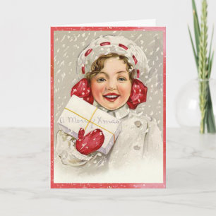 Snöig god julvintageflicka helgkort