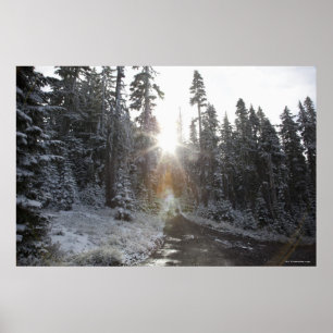 Snöig grusväg som går in i solen poster
