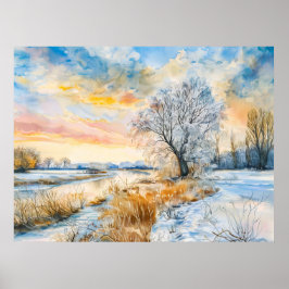 Snöig Havel-flod med pilträd. Akvarell Poster