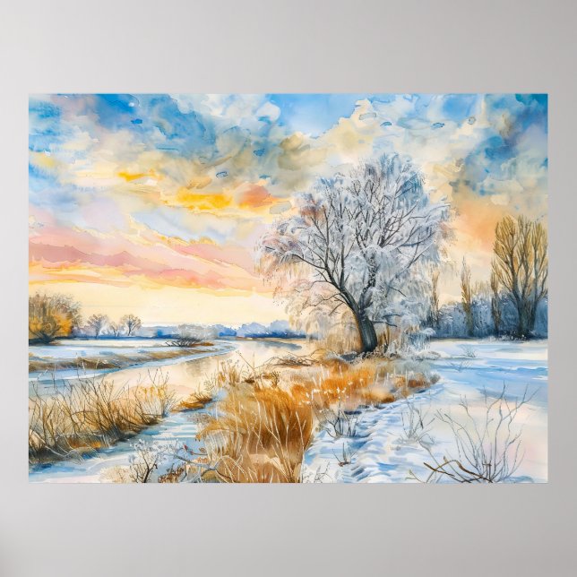 Snöig Havel-flod med pilträd. Akvarell Poster (Framsidan)