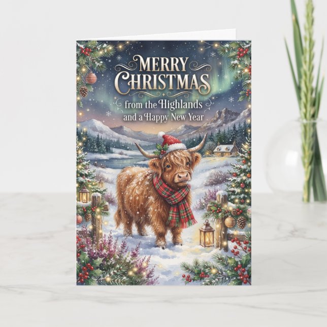 Snöig Highland Ko Christmas-kort Kort (Framsida)