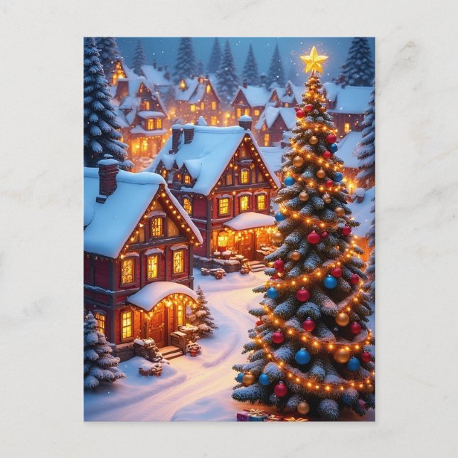 ❄️ Snöig julby Glöd 🎄 Vinterträd Vykort (Framsida)