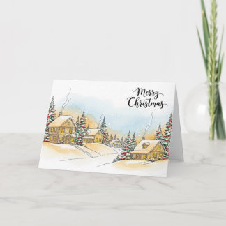 Snöig julby med mysiga vinterstugor helgkort