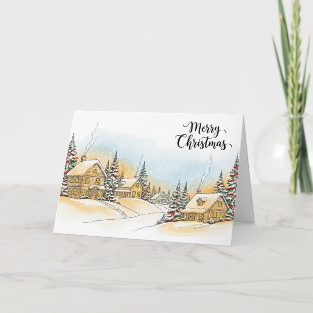Snöig julby med mysiga vinterstugor helgkort (Framsida)