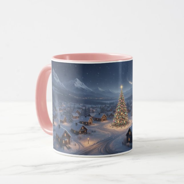Snöig julby Pink Handtag Combo Mugg (Framsida vänster)