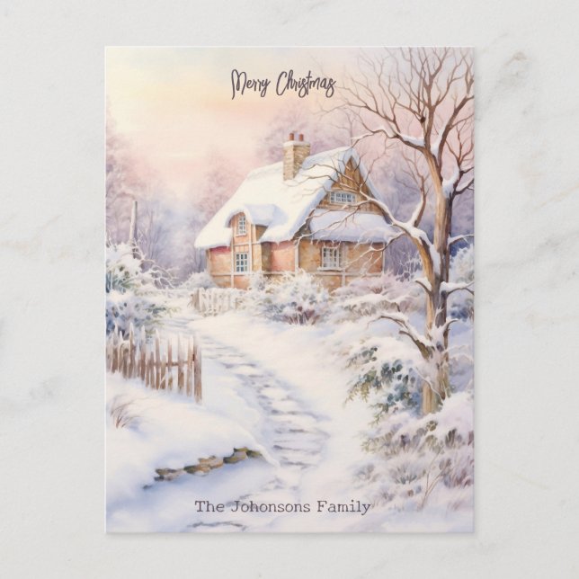 Snöig julfest i byn vykort (Framsida)