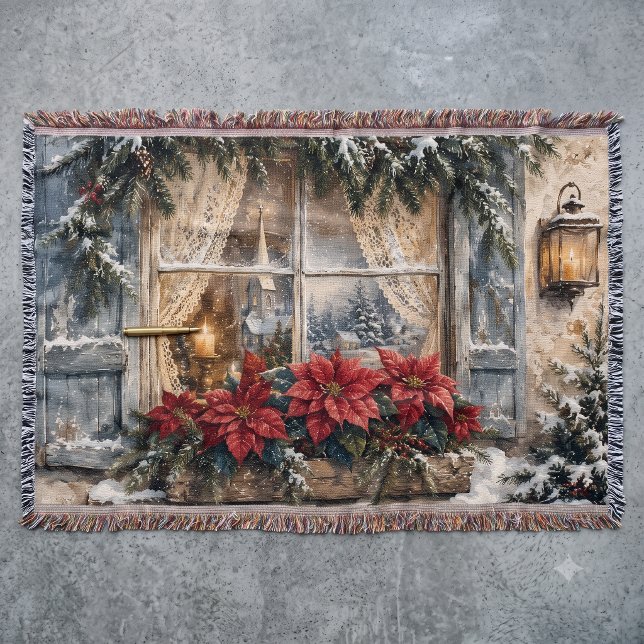 Snöig Julfönster med Poinsettia Filt (Snowy Poinsettia Christmas Window Throw Blanket)
