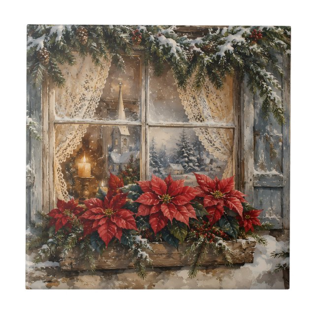 Snöig Julfönster med Poinsettia Kakelplatta (Framsidan)