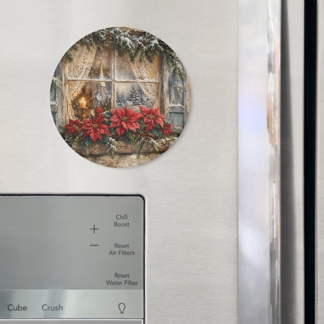 Snöig Julfönster med Poinsettia Magnet (In Situ (Fridge))