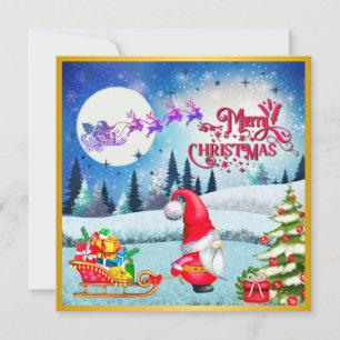 Snöig julgnom och julklappar från Tomtes släde Kort