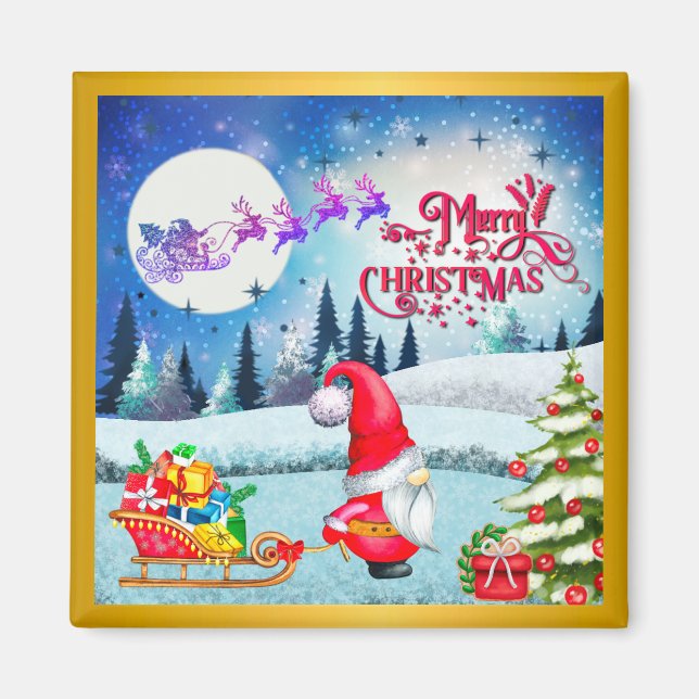 Snöig julgnom och julklappar från Tomtes släde Magnet (Framsidan)