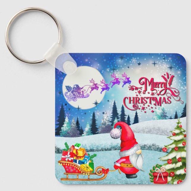 Snöig julgnom och julklappar från Tomtes släde Nyckelring (Framsida)