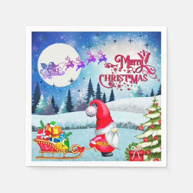 Snöig julgnom och julklappar från Tomtes släde Pappersservett (Framsidan)
