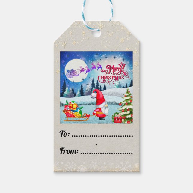 Snöig julgnom och julklappar från Tomtes släde Presentetikett (Framsidan)