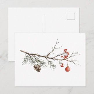 Snöig julgren med ornament för jul vykort