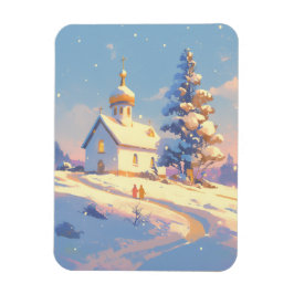 Snöig julkyrka scen magnet