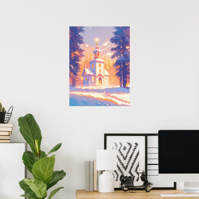 Snöig julkyrka scen poster (Hemmakontoret)