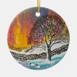Snöig julscen Julkort Klassisk rund S Julgransprydnad Keramik