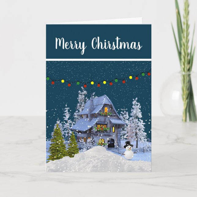 Snöig julstuga semester kort (Framsida)