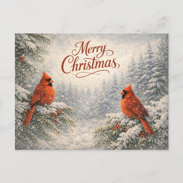 Snöig kardinalvinter God Jul  Helg Vykort (Framsida)