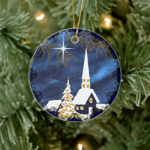 Snöig kyrka vintage julgransprydnad keramik