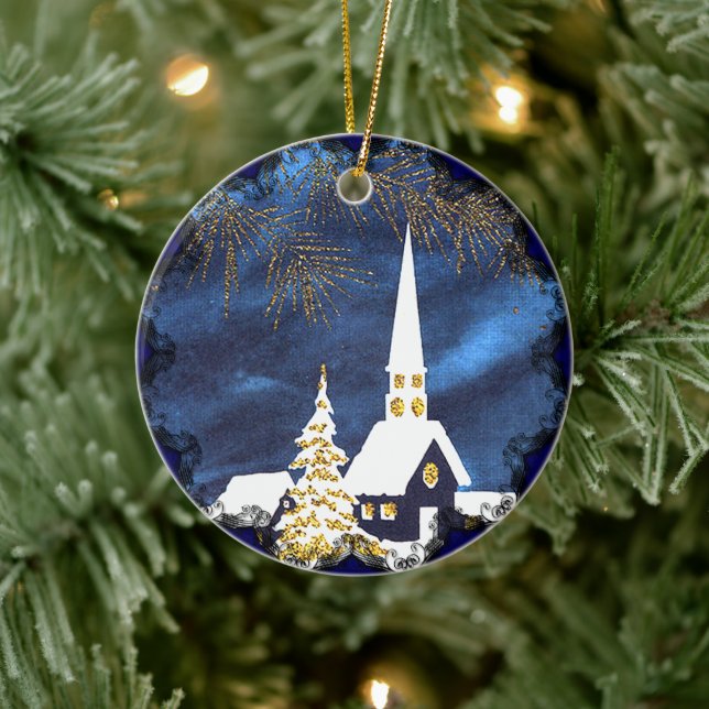 Snöig kyrka Vintage julgransprydnad Keramik (Träd)