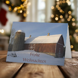 Snöig röd jul för ladugårdFrohe Weihnachten tysk Helgkort