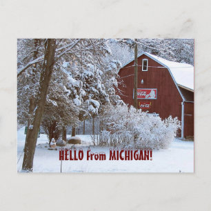 SNÖIG RÖD LADUGÅRD, HEJ från MICHIGAN! Vykort