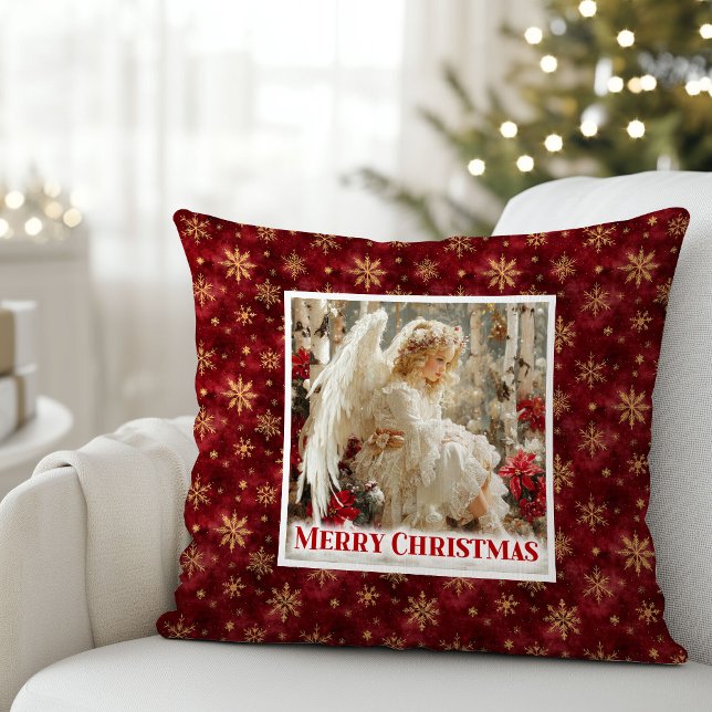 Snöig röd och gul ängel vintage presentkudde kudde (Snowy Red and Gold Angel Vintage Gift Pillow)