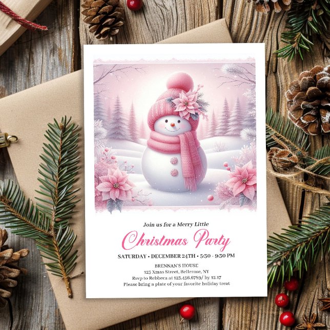 Snöig Rosa Coquette Snöman Redigerbar Barn Jul Inbjudningar (Snowy Pink Coquette Snowman Editable Kids Christmas Invite)