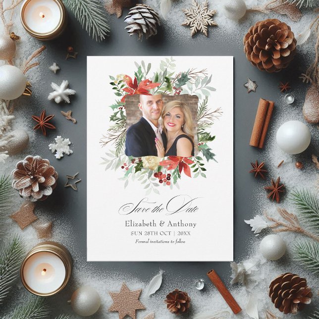 Snöig Rustik Tall och Gran VinterVigsels Magi Spara Datumet (Snowy Rustic Pine and Spruce Winter Wedding Magic Save The Date)