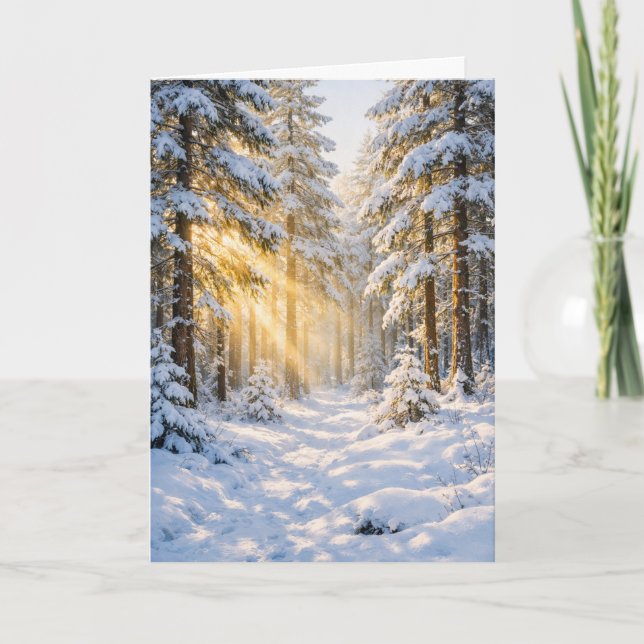 Snöig Skog Morgonljus – Vinter Hälsningskort Helgkort (Framsida)