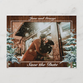 Snöig skog och lantlig tall bröllopsfoto meddelande vykort