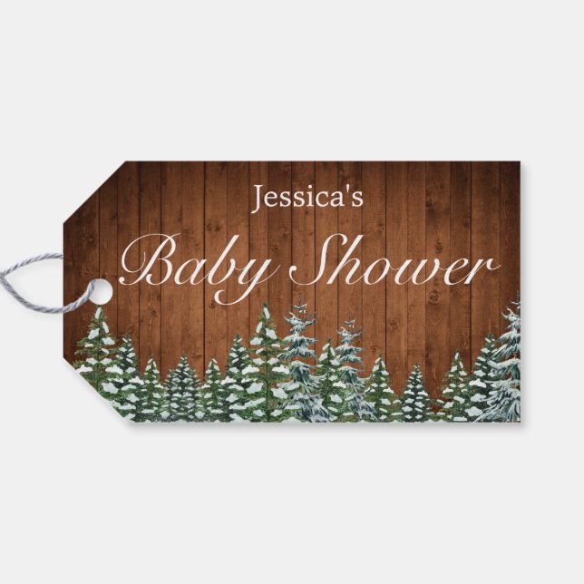 Snöig skog och skogsland Pinne Baby Shower Presentetikett (Baksidan (Horisontell))