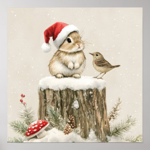 Snöig skog vinter skogsmark jul kanin fågel  poster