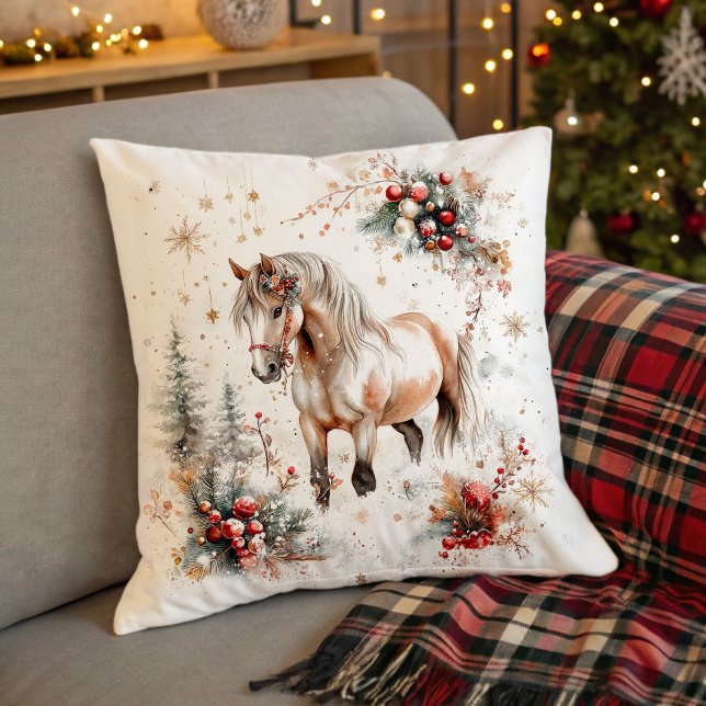 Snöig skog vinterhäst kudde (Snowy Forest Winter Horse Throw Pillow)