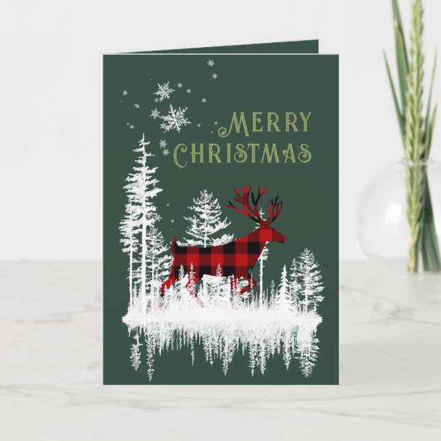 Snöig Skogsbuffel Plaid Hjort God Jul Ho Helgkort (Framsida)