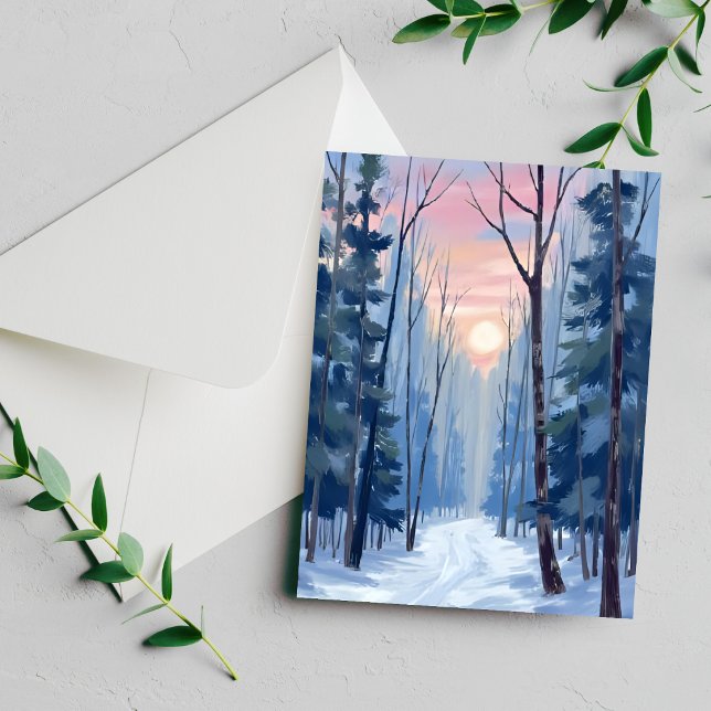 Snöig Skogsväg Vinter Solsken Akvarell Kort (Skapare uppladdad)