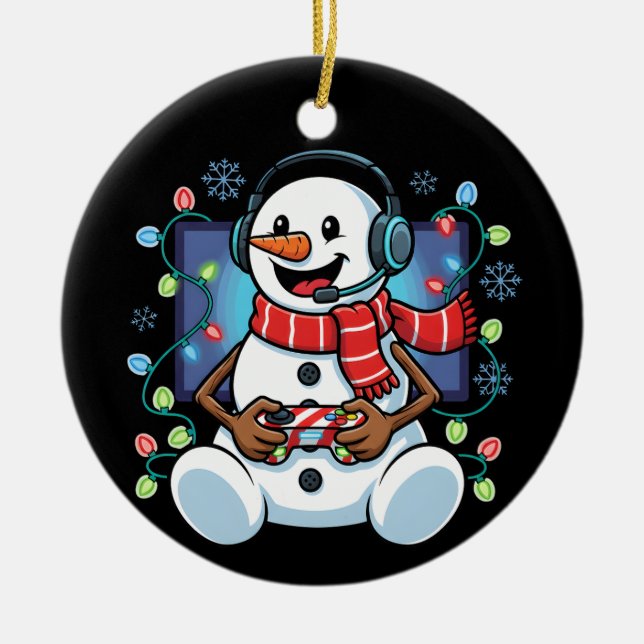 Snöig Snömannen Gamer Julgransprydnad Keramik (Framsidan)