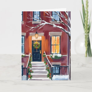 Snöig Stad Trappa Jul Vinter Akvarell Kort