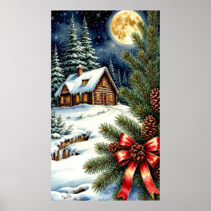🌙 Snöig stuga i månsken i en förtrollad vintersko Poster