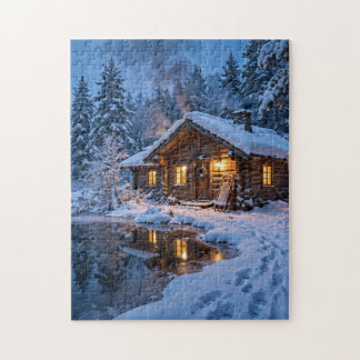 Snöig stuga i skogen pussel