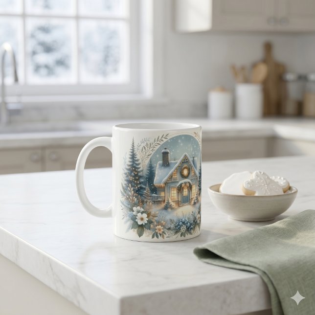 Snöig stuggljus scen kaffemugg (Snowy Cottage Glow Scene Coffee Mug)