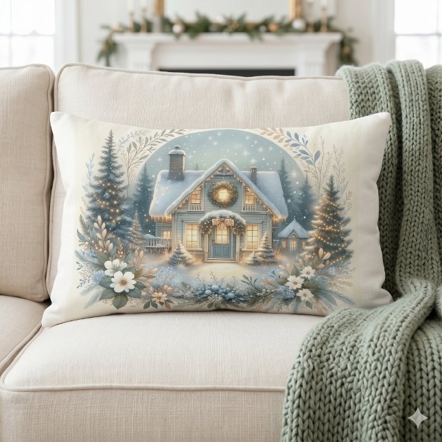 Snöig stuggljus scen lumbarkudde (Snowy Cottage Glow Scene Lumbar Pillow)
