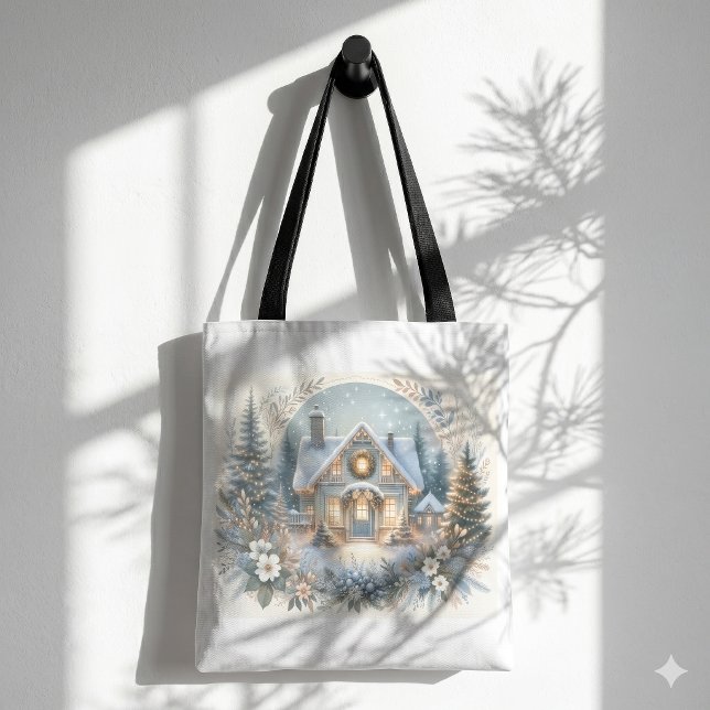 Snöig stuggljus scen tygkasse (Snowy Cottage Glow Scene Tote Bag)
