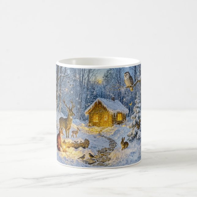 Snöig stugillustration med uggla, hjort och räv ko kaffemugg (Center)