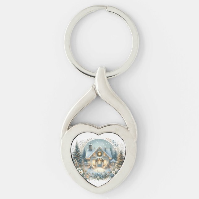 Snöig stugscen med glöd twisted heart silverfärgad nyckelring (Framsidan)
