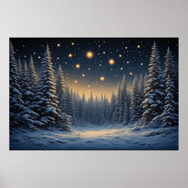 Snöig tallskog under en stjärnklar natt himmel ✨ M Poster (Framsidan)